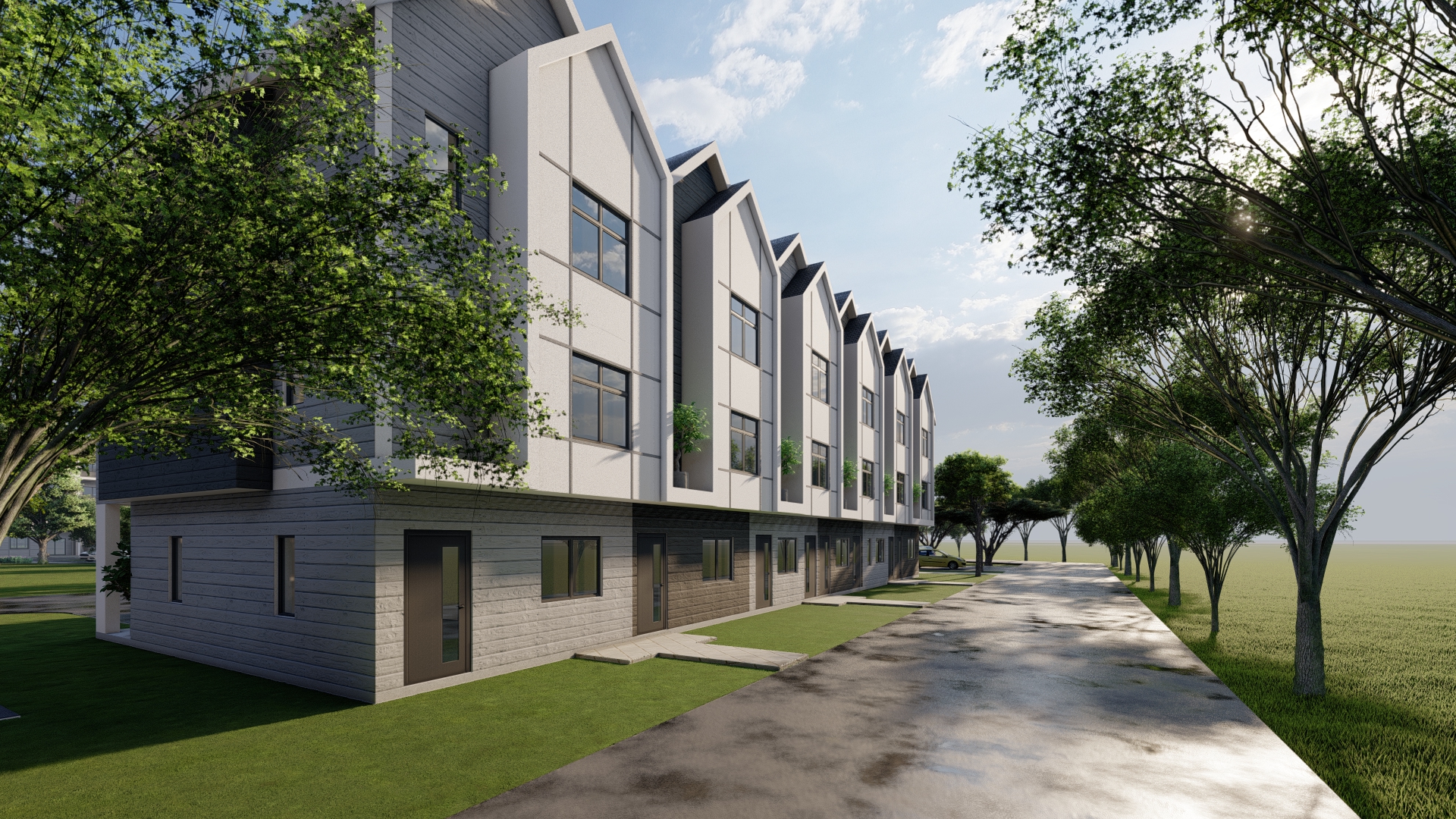 Modern Bendera housing development featuring contemporary townhouses with mixed materials, large windows, and beautiful landscaping