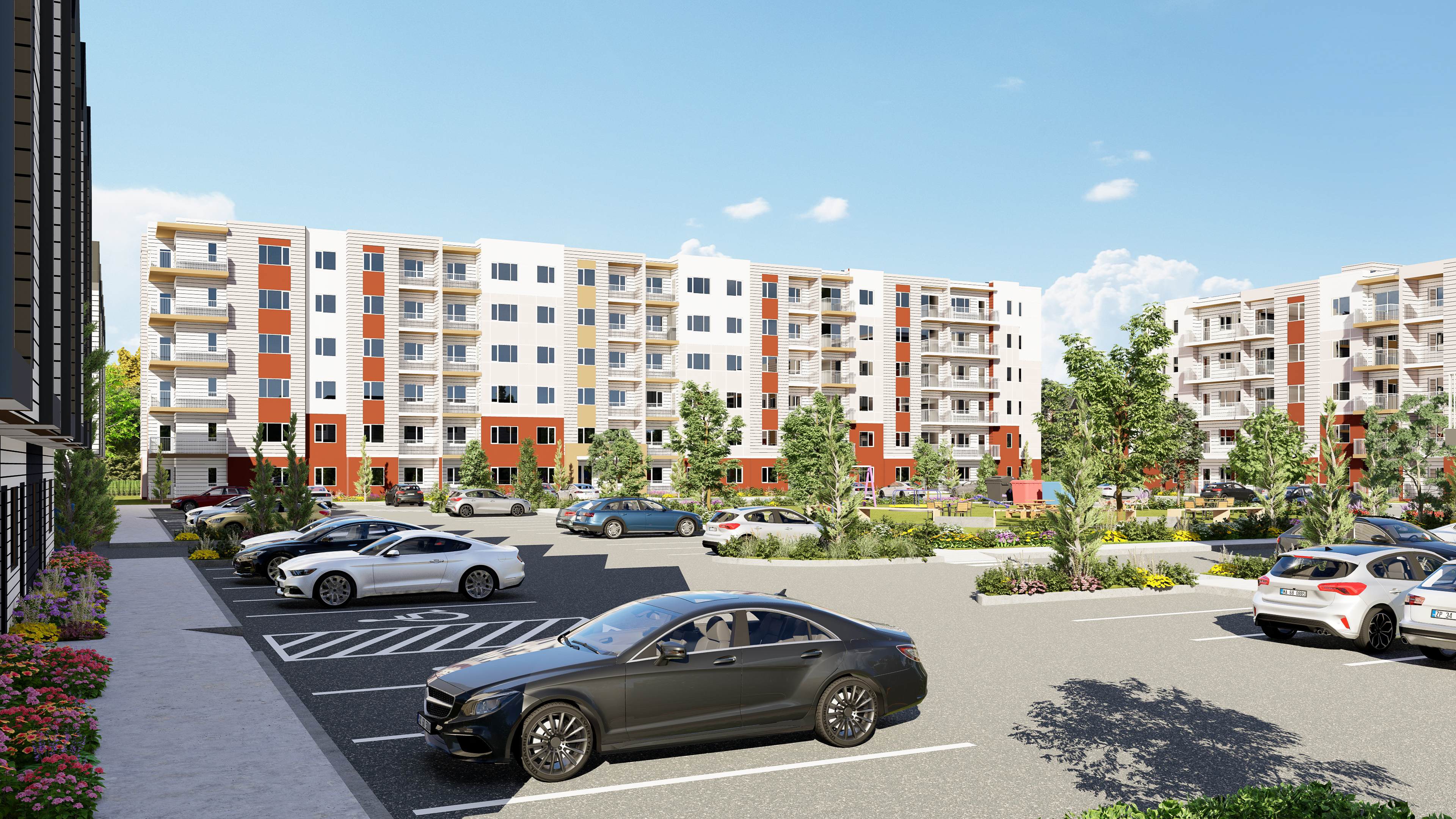 Modern Bendera housing development featuring contemporary apartment buildings with colorful accents, landscaped courtyards, and community amenities