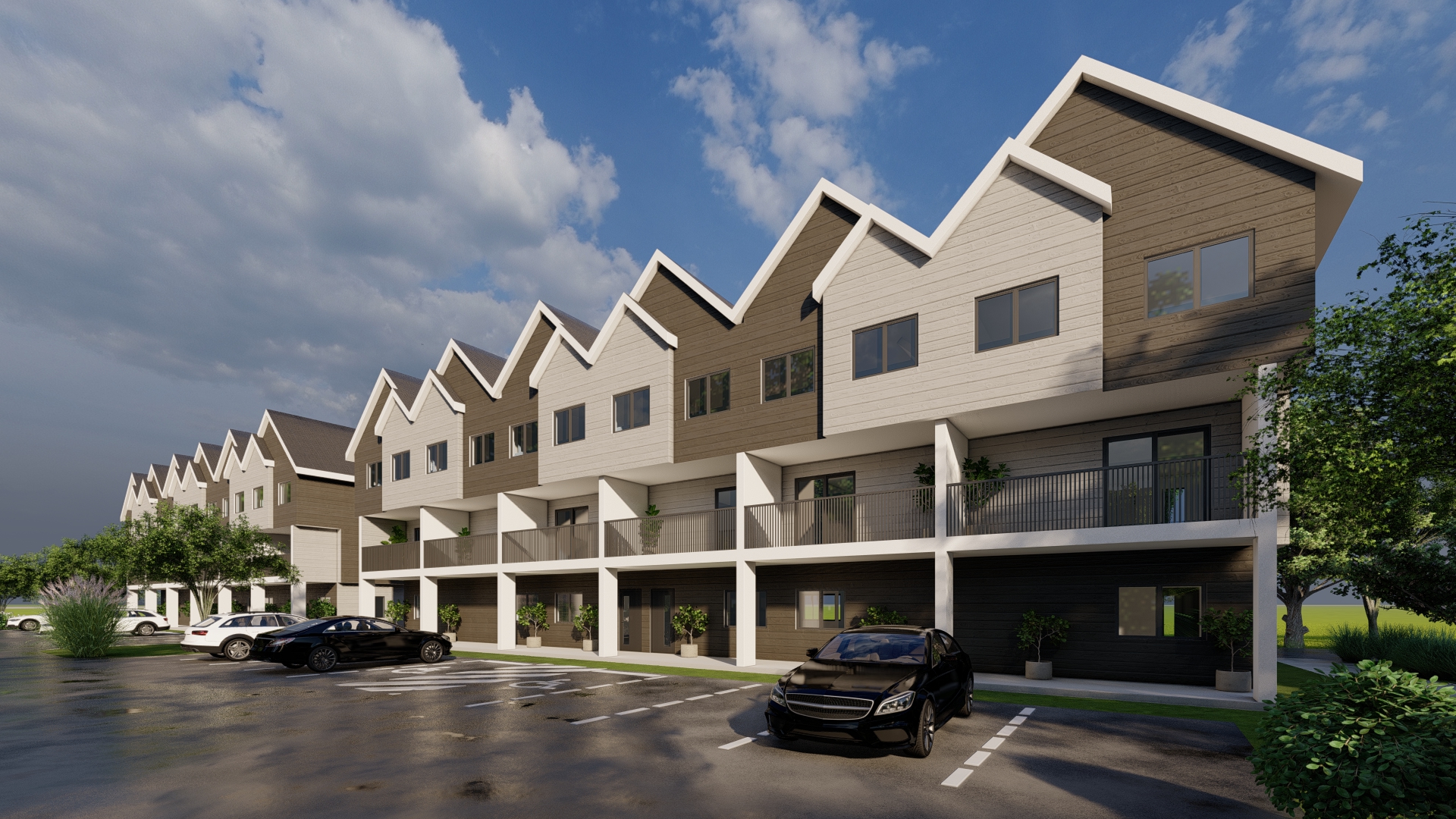 Blue Quill Community architectural rendering showing modern townhouses with sawtooth rooflines