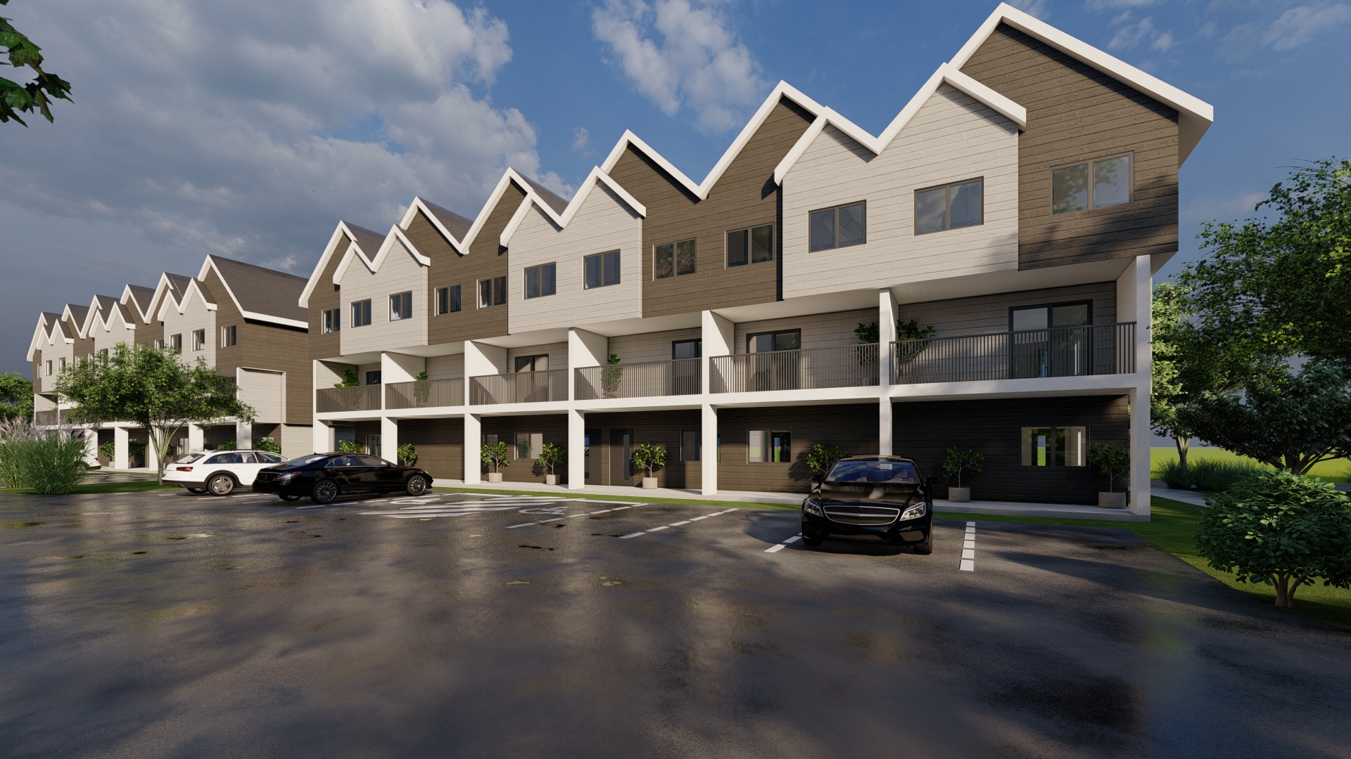 Architectural rendering of Blue Quill Development showing modern townhouses with distinctive sawtooth rooflines, two-tone white and wood facades, covered ground-level parking, and upper-level balconies in a landscaped community setting